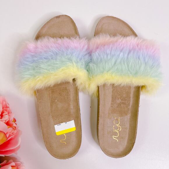 Sugar Bravoes Fuzzy Tie Dye Open Toe Slide Sandals Pastel Rainbow size 10 NEW - Picture 6 of 11